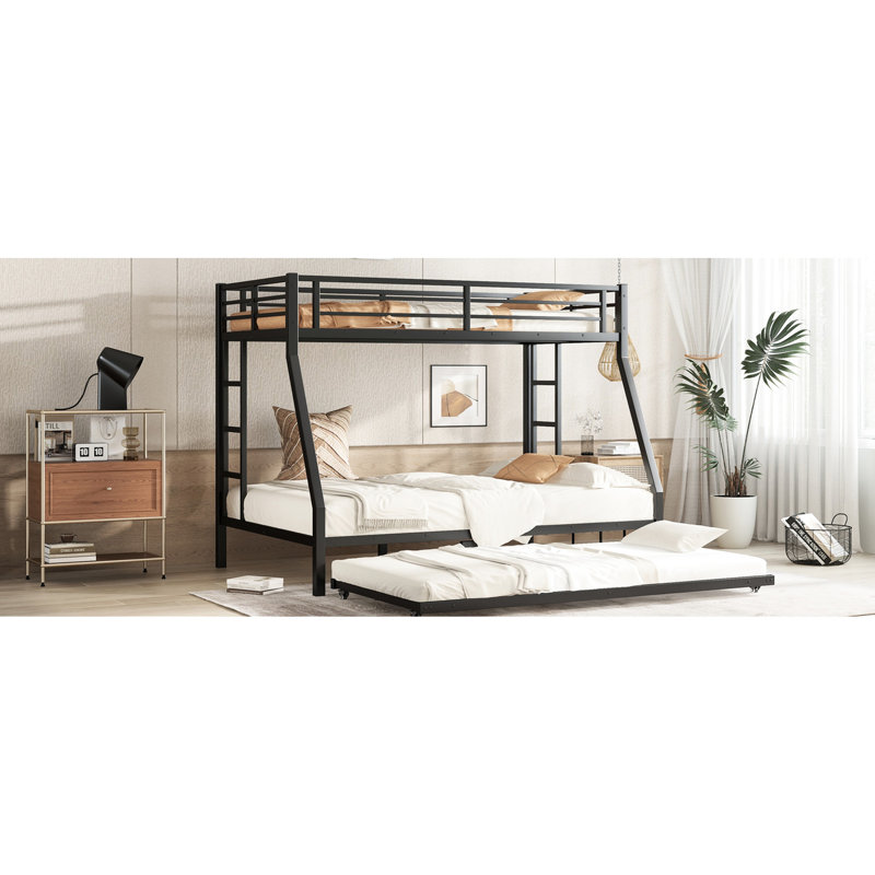 Twin Size Trundle Black Over Full Metal Bunk Bed - Heavy Duty Build, Noise Design, Storage Advantage, Reinforced Legs, Clear Instructions 38 Slats, Step By Setup