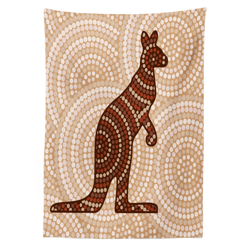 Ambesonne Tropical Animals Tablecloth, Aboriginal Kangaroo Motif Cream Toned Circling Dot Design, Rectangular Table Cover For Dining Room Kitchen Decor, 52" X 70", Peach Brown Redwood