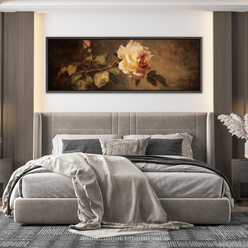 Décoration murale classique classique rose simple sur fond brun foncé - grande impression sur toile encadrée de la chambre principale