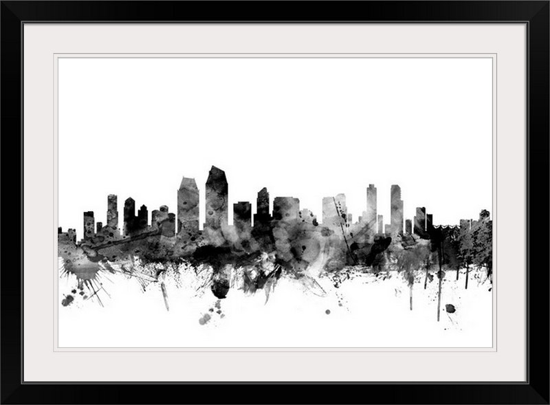 «Francy San Diego California Skyline» par Michael Tompsett, impression, Cadre noir, H 28 po x l 38 po x P 1 po