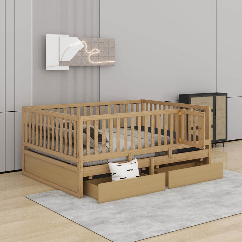 Full Size Wood Daybed With Fence Guardrails And 2 Drawers, Split Into Independent Floor Bed And Daybed, Natural