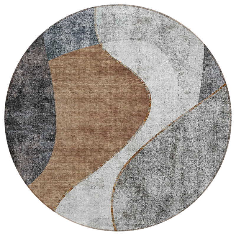 Tapis d'intérieur rond lavable abstrait gris anthracite et brun 8 pi