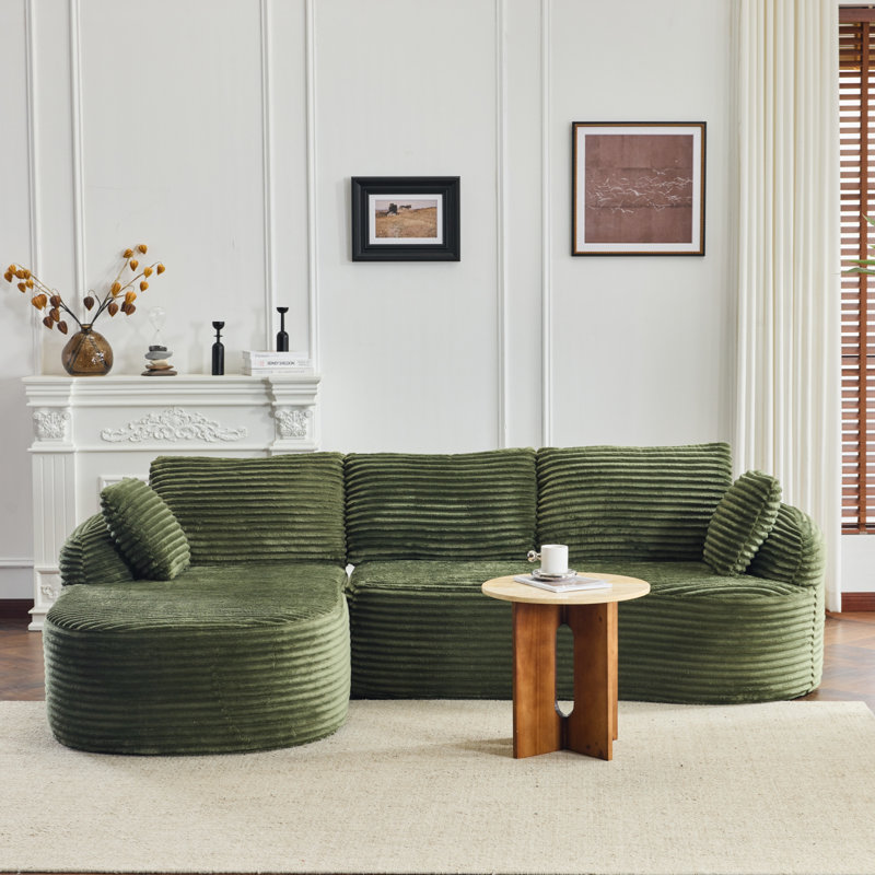 Boneless 100'' W 3-Seat Round Arm Corduroy Curved Boneless Couch, Green