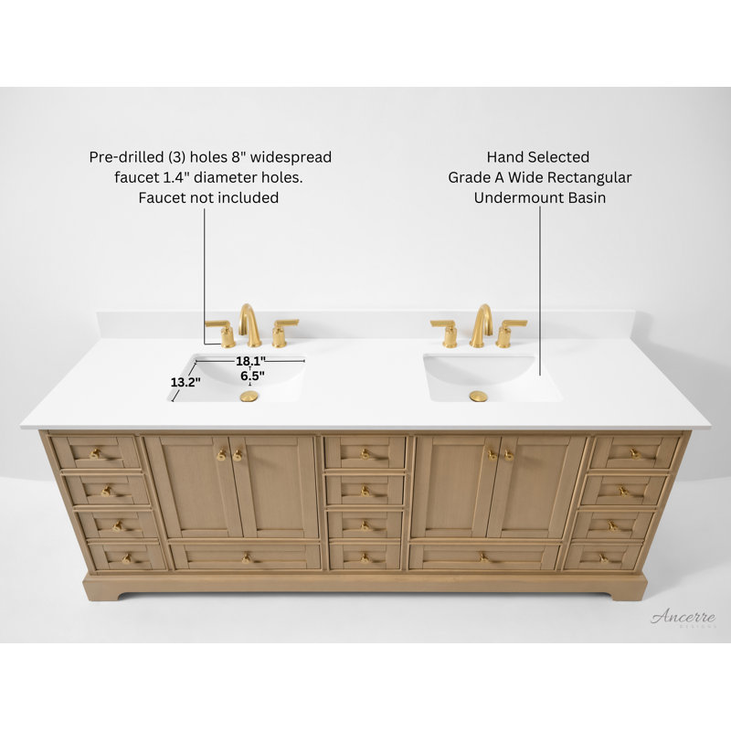 Audrey 84'' Free Standing Double Bathroom Vanity with Calacatta Quartz Top, Oak, Rose Gold