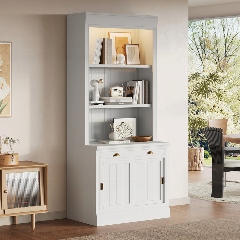Sophisticated Tall Bookshelf with LED Lights and Versatile Storage Options, White