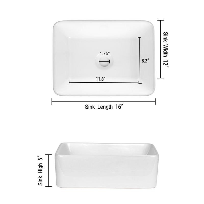 Lavabo de salle de bain vasque rectangulaire blanc en céramique 12 po kgar