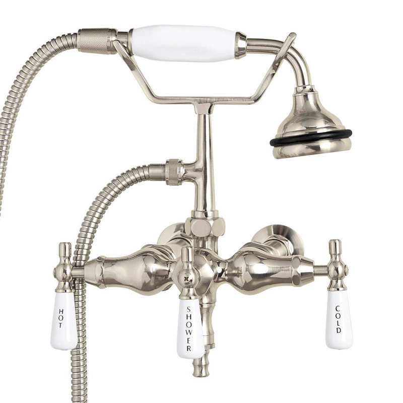 3 Handle Wall Clawfoot Tub Faucet with Diverter, Brushed Nickel