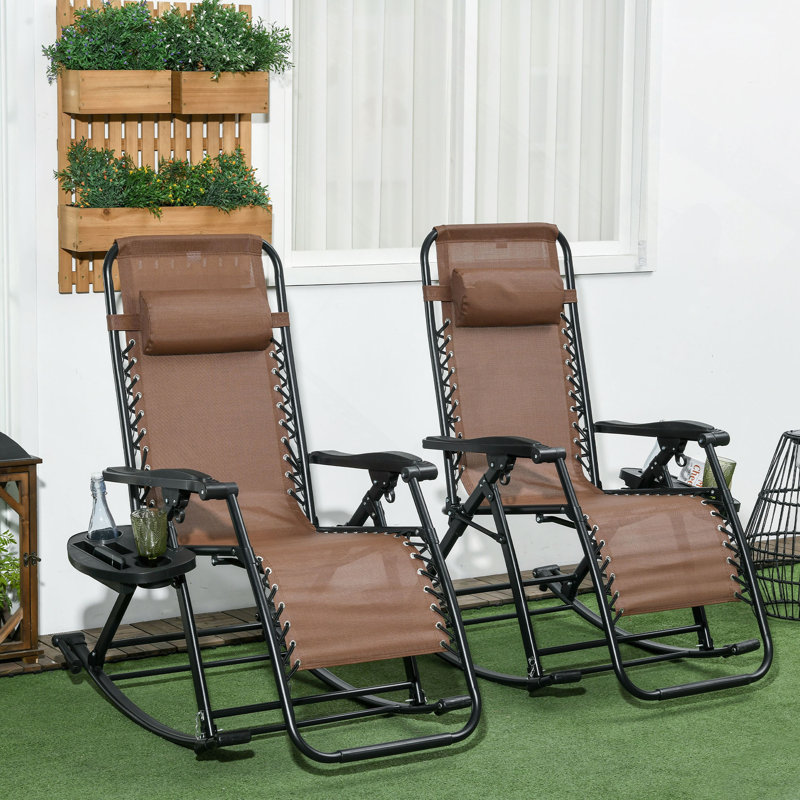 Ensemble de 2 chaises berçantes d'extérieur, chaise berçante inclinable et pliable inclinable avec coussin, porte-gobelet et téléphone, conception combinée avec pieds pliants