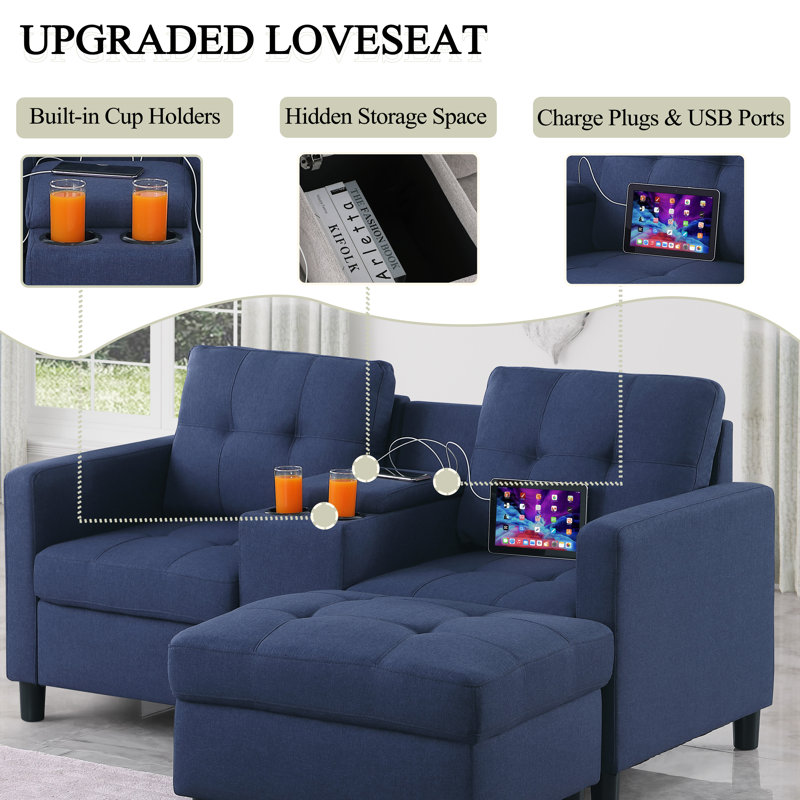Kentrell Sectional Sofa With USB Ports & Cup Holders, Blue Polyester Blend