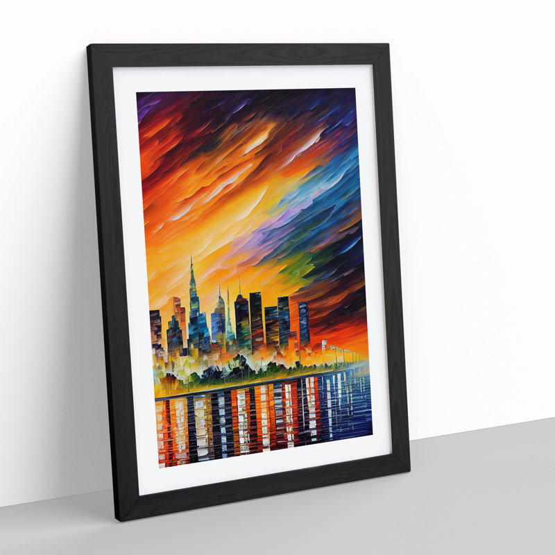 City Skyline At Sunset No.2 - Single Picture Frame Painting, 64cm H x 46cm W x 2cm D, Black