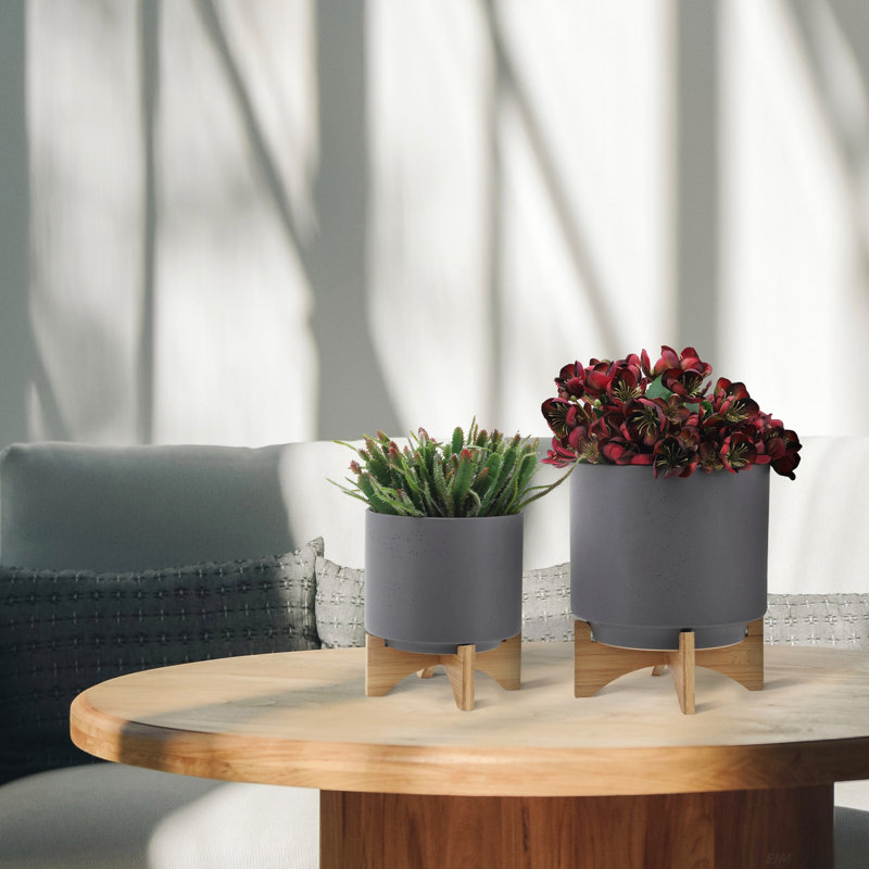 PLANTER W/ WOOD STAND,  unique planters, Gray/Natural