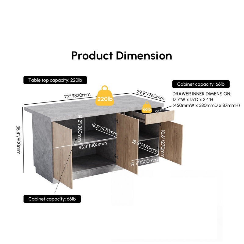 Japandi Kitchen Island with Storage and Seating Space,Island Table with Wine Rack (Without Bar Stools), Brown/Gray
