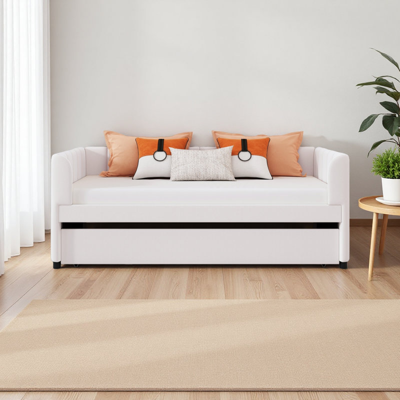 Lit de jour simple rembourré avec dossier ergonomique et lit gigogne, Beige