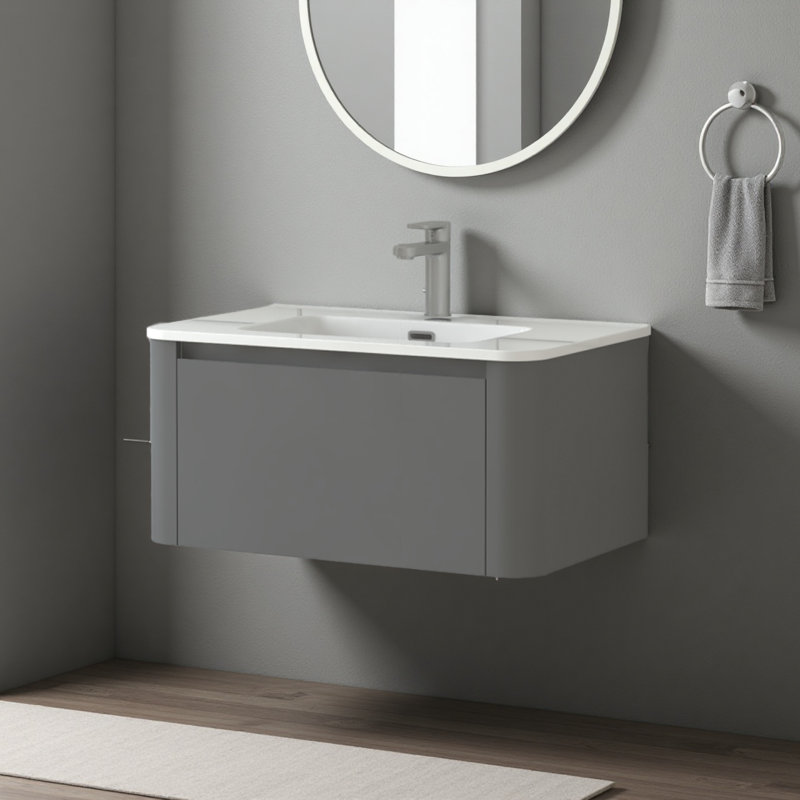 Meuble-lavabo flottant mural 30 po avec lavabo intégré - gris avec tiroir à fermeture en douceur et poignée en angle, 30"