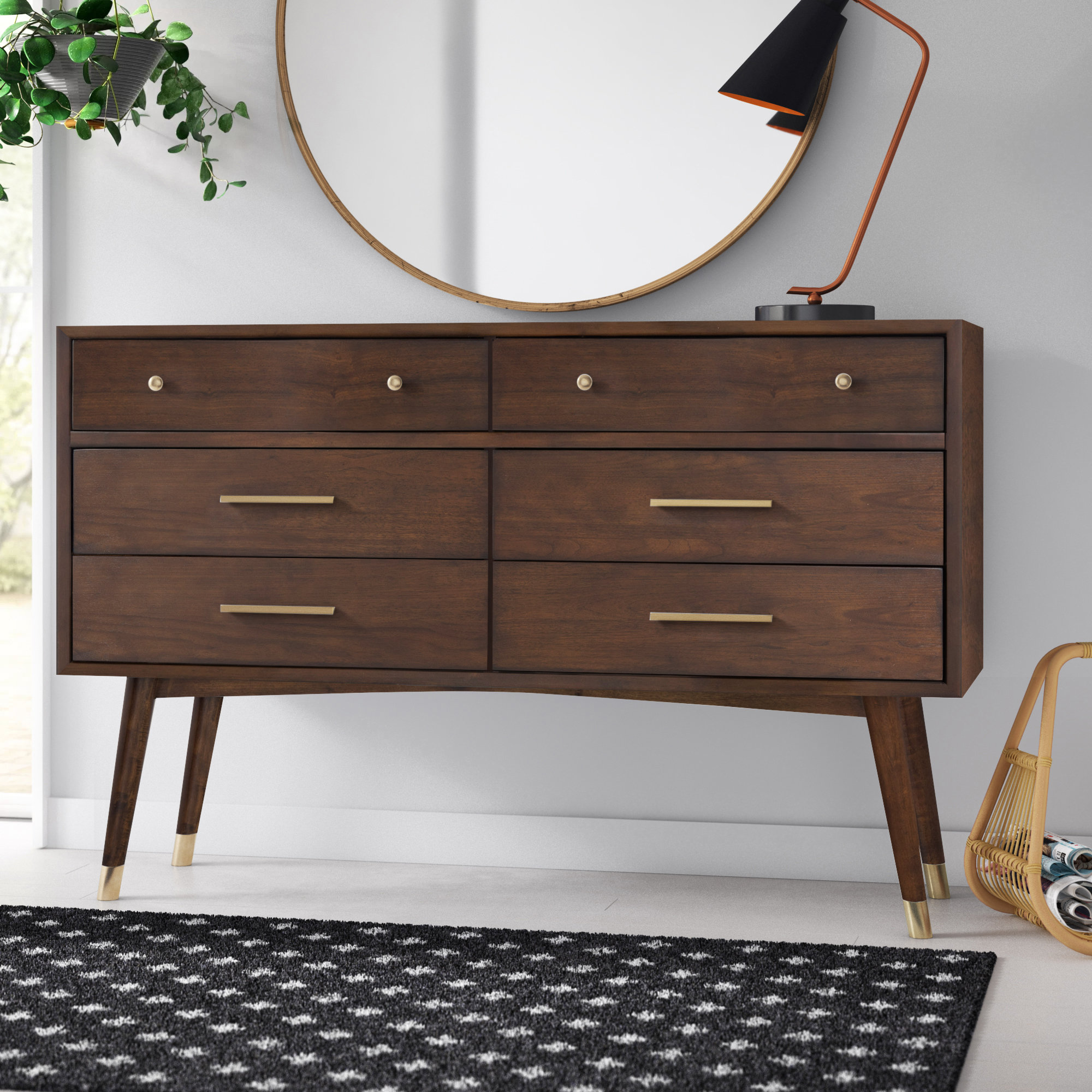 Samuel 6 - Drawer Double Dresser, Walnut/Brass