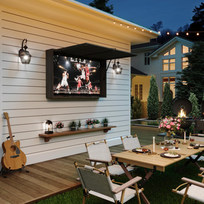 55 in Black Outdoor TV Enclosure Solid Wood Weatherproof TV Cover with 4D Adjustable Mount & Fold-Up Door (Fits 44-55 in TVs) Includes Dust Cover & Sturdy Handle Outdoor TV Box for Patio Beach