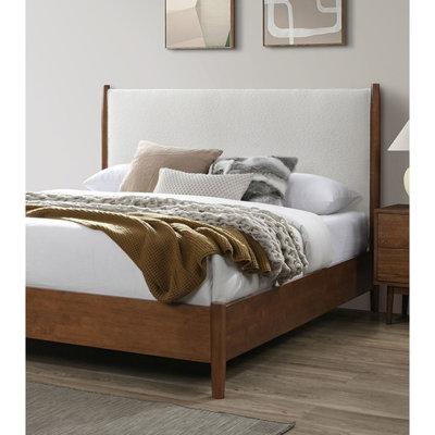 Walnut Color Panel Headboard Beige Upholstered 1Pc Queen Size Bed Solid Wood Mattress Ready Mid-Century Modern Style