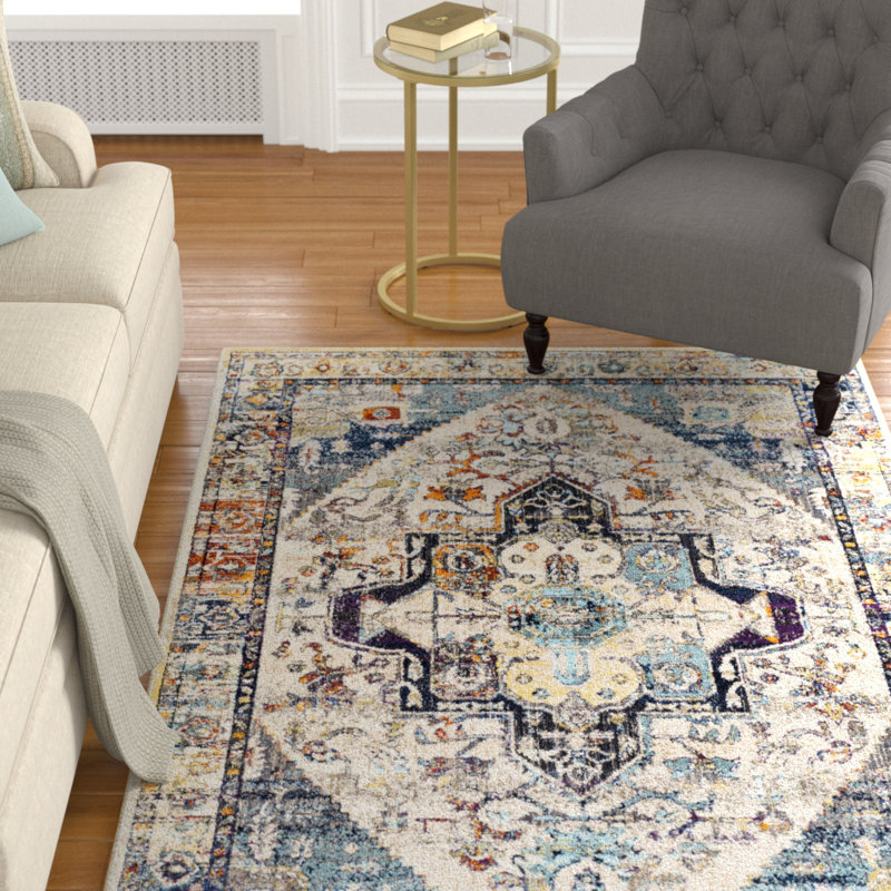 Tapis de zone ivoire/ivoire rétro vieilli Sam, Rectangle 5 pi 3 po x 7 pi 3 po