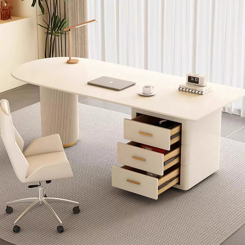 White Half-circle Sintered Stone+Manufactured Wood with 3 drawers desk, 29.53" H x 78.74" W x 31.5" D