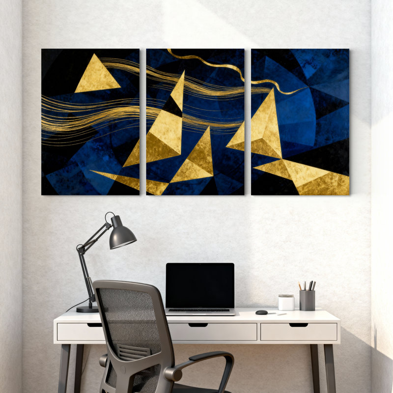 Abstrait géométrique bleu doré, ensemble de 3 reproductions d'art sur toile, H 18 po x l 36 po