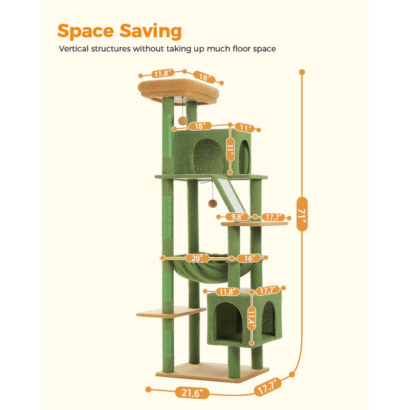 71" Green Multi-Level Cat Tree with Hammock and Condos