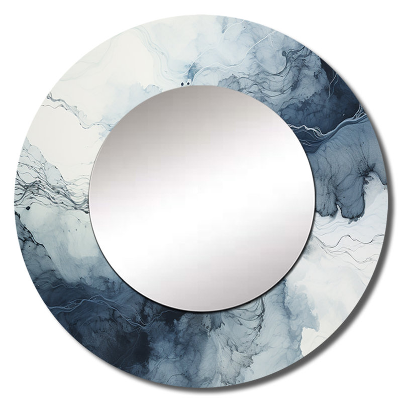 Bleu et blanc Marble River III - miroir décoratif en marbre, grand miroir mural rond bleu, impression d'art en métal