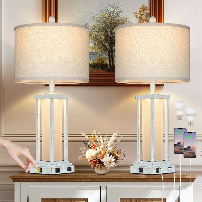 27” Tall Vintage USB Table Lamp Set with Nightlight, Bulb Included, White