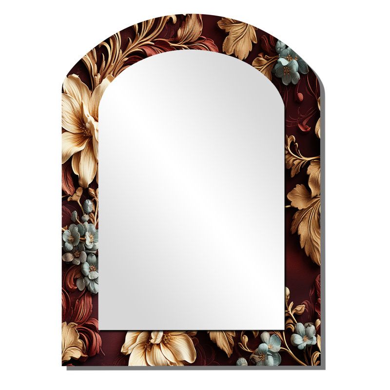 Motif victorien rustique de brocart rustique - miroir mural asymétrique floral, miroir décoratif arqué brun, impression d'art en métal