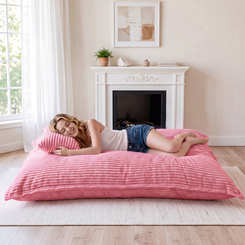 Fauteuil à billes convertible 80 po 3 en 1 avec coussin 80, Velours côtelé rose, 80"W x 59"D