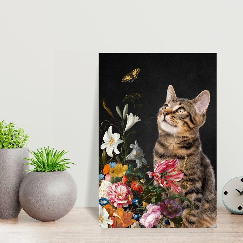 Art contemporain, chat, chats et papillons, H 18 po x l 12 po