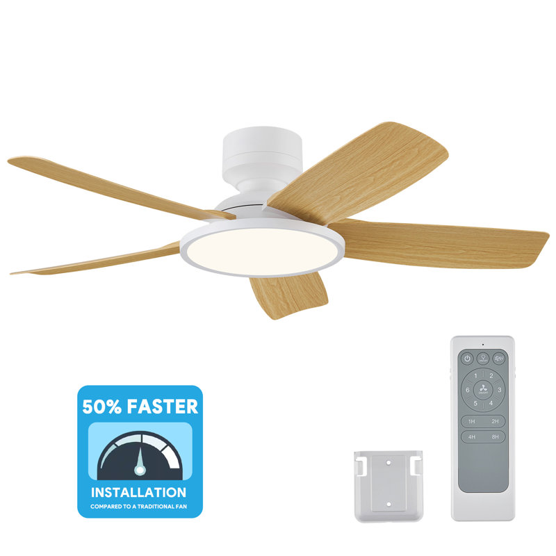 42" Easy-to-Install Modern Flush Mount Low Profile Small Room Ceiling Fan with LED Light and Remote, Medium Yellow Wood