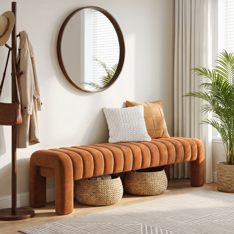 Banc rembourré sans dossier Oyan, H 17 po x l 63 po x P 17,3 po, Velours brun