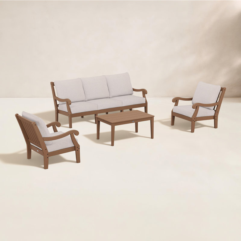 POLYWOOD x Birch Lane Verlyn 4-Piece Deep Seating Set with Sofa, Dune Burlap Cushion/Teak Frame