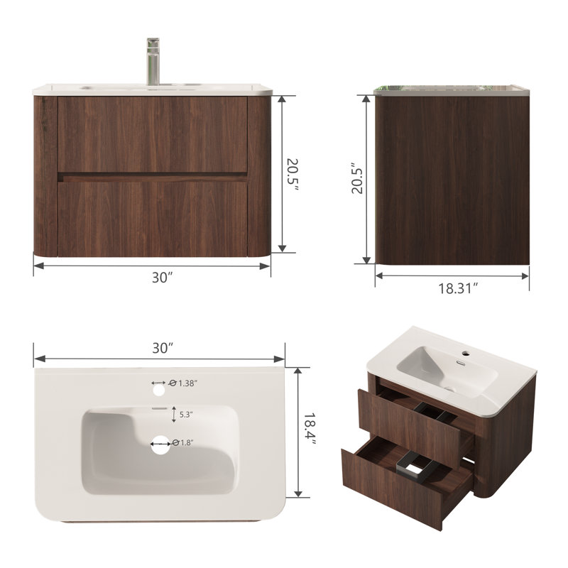 Meuble-lavabo mural 30 po avec lavabo en céramique, armoire flottante avec tiroirs doubles, contreplaqué de noyer, brun