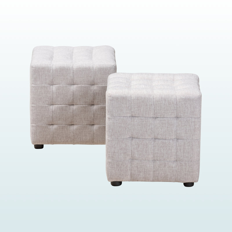 Charlise Greyish Beige Fabric Upholstered Tufted Ottoman Set of 2, 14.85" H X 13.82" W X 13.82" D