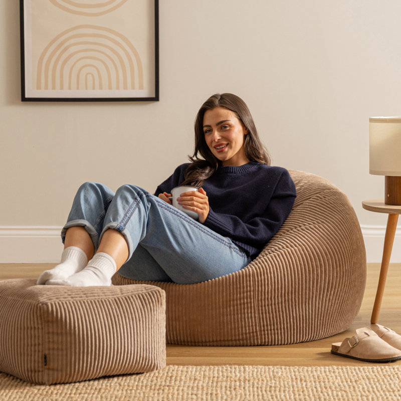icon Kingston Cord Adults Bean Bag Chair and Pouffe, Ready Filled Beanbag and Footstool Navy Blue, Brown