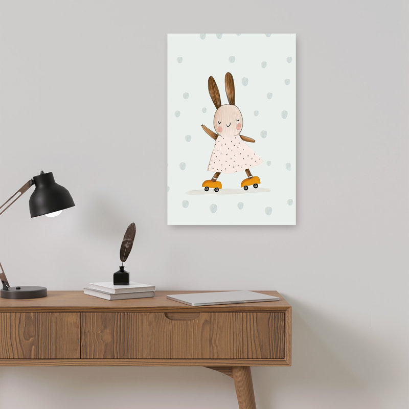 Happy Skating Bunny Playful Whimsical Contemporary Rabbit Forest Wall Art Print 1 Piece Wrapped Canvas Wall Art