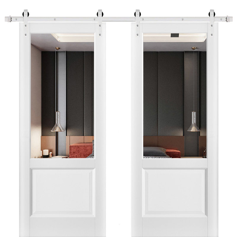Porte de grange double robuste avec rail Lucia 1533 blanc soie et vitrage clair, supports de rail de 4 m (13 pi), portes intérieures à panneaux pleins et lourds - 152 cm x 213 cm (60 po x 84 po) (2 x 76 cm x 84 po) - Rail argenté - Vitrage clair