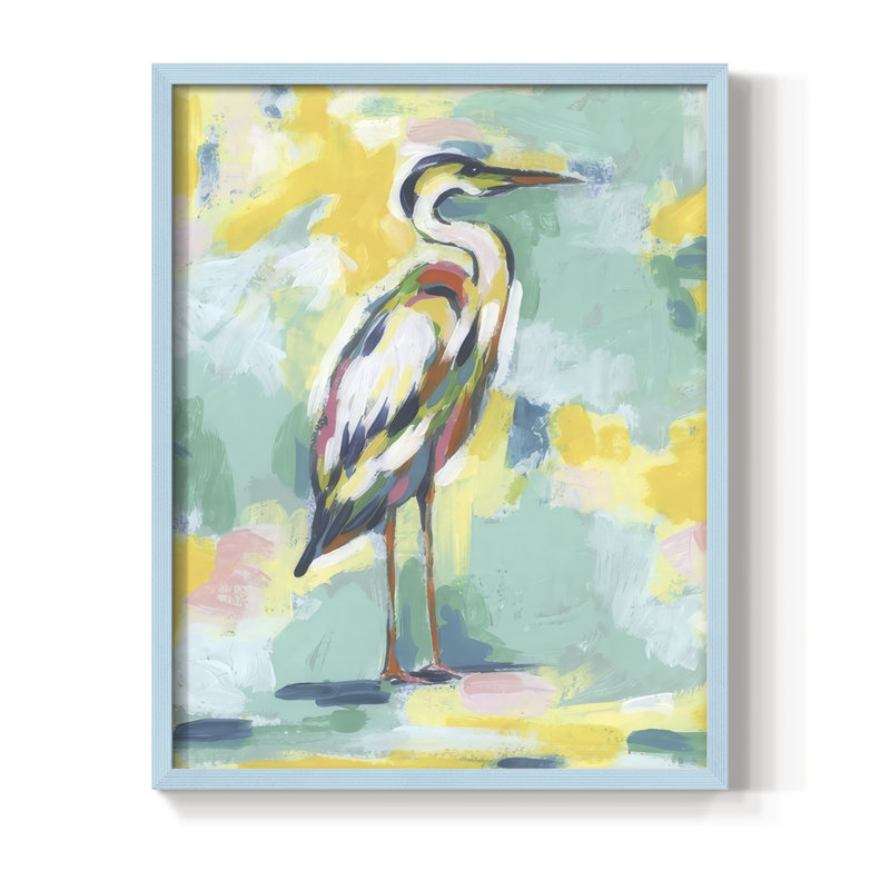 Bright Heron Fresco I, reproduction encadrée - bois massif, H 11 po x l 9 po, Bleu