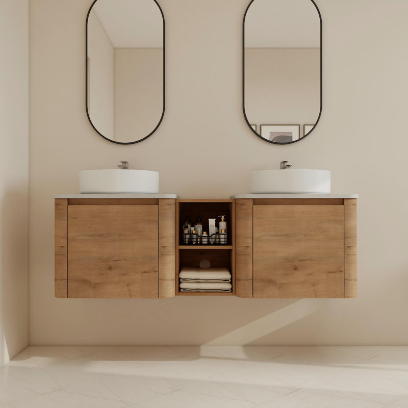 Ensemble de meuble-lavabo double 60 po avec lavabo en céramique et meuble-lavabo flottant avec portes à fermeture en douceur 60 po