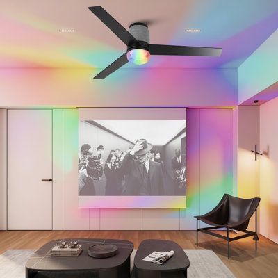 52" Modern Flush Mount Smart RGB LED Ceiling Fan with Remote and APP Control, Glass Shade, Double-Sided Wood Blades, 3CCT Dimmable Lights, 6-Speed Reversible DC Motor, Timer