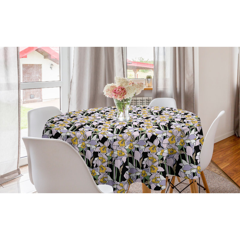 Ambesonne Floral Round Tablecloth, Cartoon Style Detailed Flowers On A Dark Background, Circle Table Cloth Cover For Dining Room Kitchen Decoration, 60", Multicolor