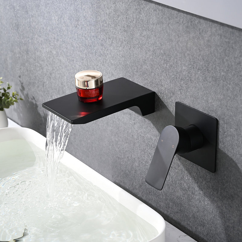 Wall Mount Bathroom Sink Faucet, Single Handle Bathtub Faucet With Waterfall Spout Rough-In Valve Included