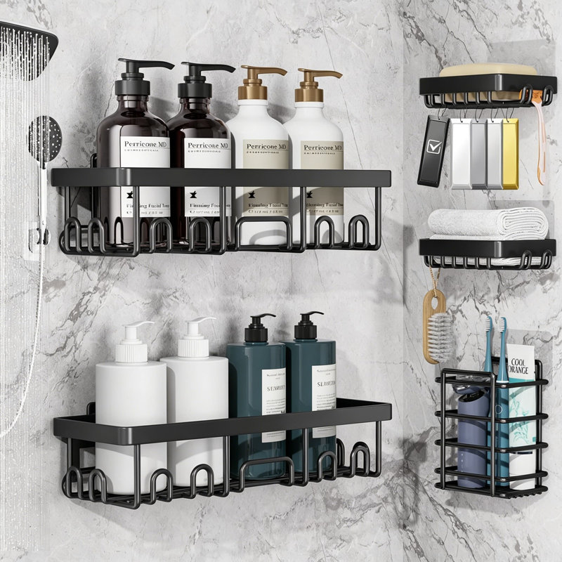 Ensemble de 5 paniers de douche imperméables antirouille, tablettes de coin sans perçage pour la douche intérieure, grand rangement pour salle de bain avec porte-savon et porte-brosse à dents, acier inoxydable, noir