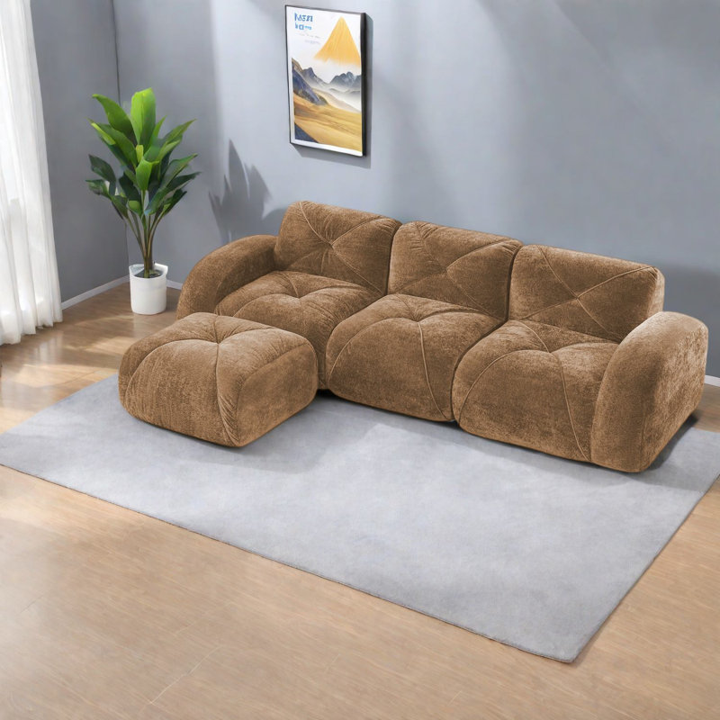 Luxueux canapés en forme de L en velours de chameau avec repose-pieds mobile pour une vie familiale