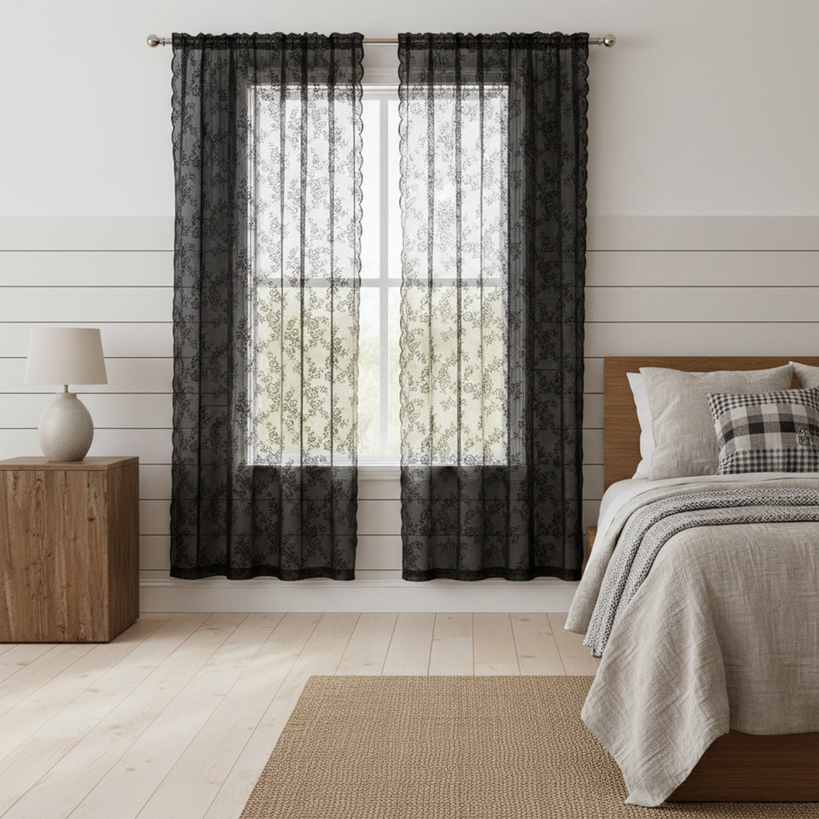 August Grove Black Farmhouse Lace Sheer Semi-Blackout Curtains, Indoor ...