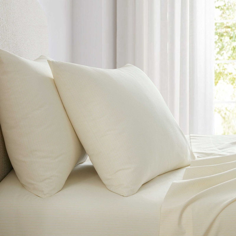Martha Stewart Cotton Percale  Sheet Set, Queen Sheet Set with 2 Pillowcases, Yellow Stripe