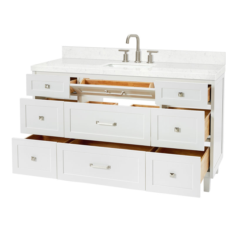 Meuble-lavabo simple 60 po ARIEL Monroe, Blanc, Carrara White Quartz, 60" - 61"