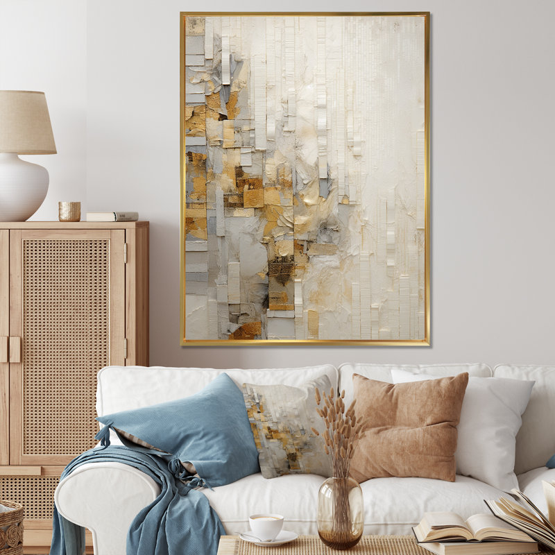 Or abstrait et divisé blanc III sur toile, Cadre flottant doré, H 20 po x l 12 po x P 1 po