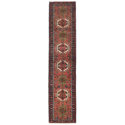Tapis de couloir oriental tribal rouge à motif géométrique 3 x 12 One-of-a-Kind